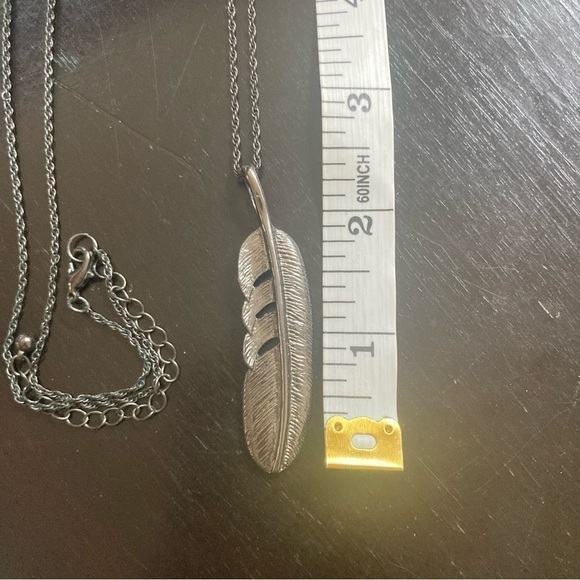 Silver Gunmetal Feather Pendant Long Chain Necklace - Picture 3 of 6